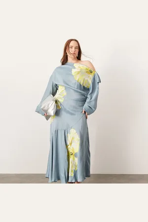 ASOS Curve satin embroidered drape one shoulder midi dress in blue