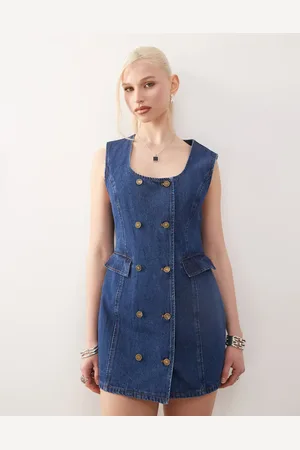 Lioness Double button front pocket detail denim mini dress in mid blue wash