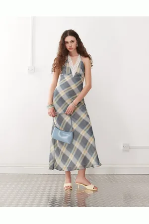 Lioness 90s halterneck lace trim low back maxi dress in vintage -Multi
