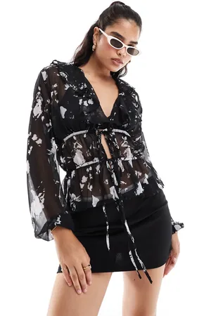 ASOS Ruffle chiffon blouse with ties in floral-Multi