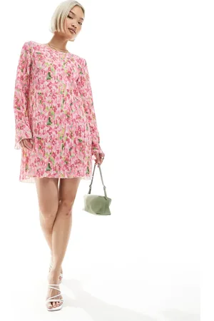 Pieces® Plisse long sleeve mini dress in print