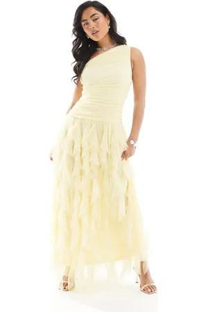 Lace & Beads Bridesmaid one shoulder waterfall ruffle maxi dress in -Blue