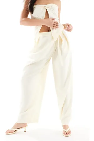 Bershka High waisted tie detail wide leg tailored pants in butter