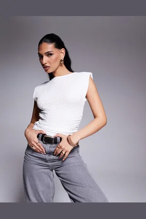 ASOS Textured ruched sides tank with shoulder pads in -White