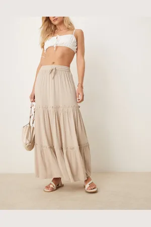 VILA Tiered boho maxi skirt in beige-Neutral