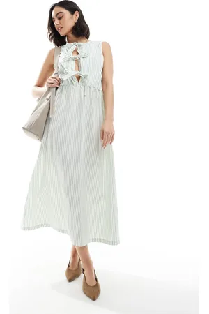 Daisy Street Boxy fit chuck on midi dress in stripe-Green