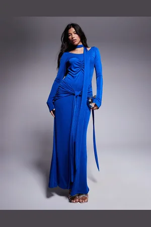 DASKA Ruched maxi dress with waist and neck tie detail in cobalt-Blue