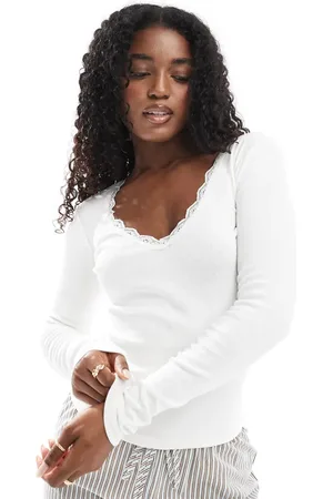 Cotton On Cotton On lace trim long sleeve waffle sleep top in off white