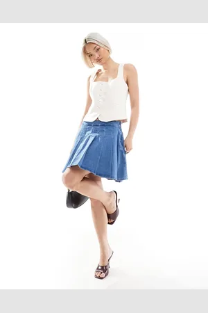 Pieces® Pleated mini denim skirt in wash