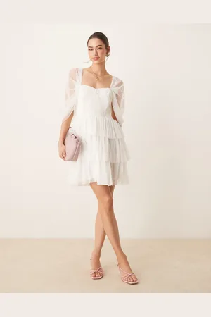 Lace & Beads Off shoulder corset tulle mini dress in -White