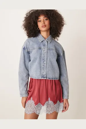 JDY Lightweight cropped denim jacket with studs in light wash blue