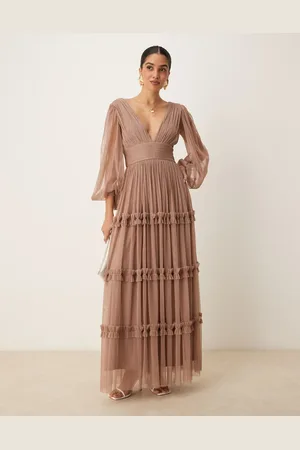 Lace & Beads Boho ruffle maxi dress in soft -Neutral