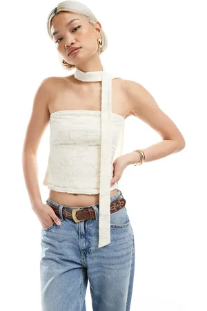 Miss Selfridge Burnout textured bandeau scarf top in -White