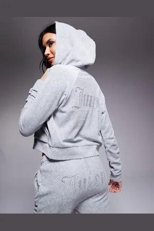 Juicy Couture Diamante logo velour zip through hoodie in grey (part of a set)