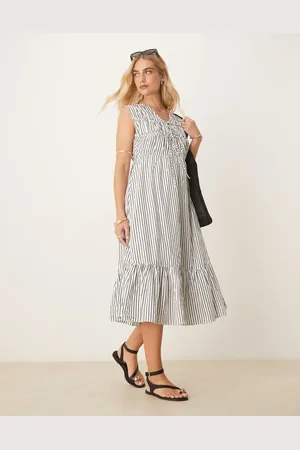Y.A.S Sleeveless plunge poplin maxi dress in black and white stripe-Multi