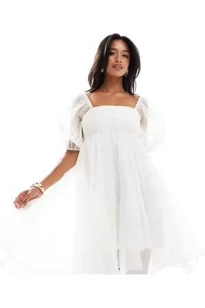 Lace & Beads Square neck babydoll organza mini dress in -White