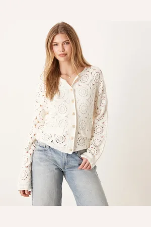 Y.A.S Circle crochet knit cardigan with gold button detail in cream-White