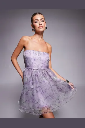 Lace & Beads Organza babydoll micro mini dress in lavender lilac-Purple