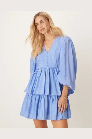 Y.A.S Puff sleeve button front boho mini dress in blue