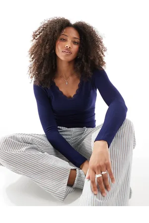Cotton On Cotton On lace trim long sleeve waffle sleep top in navy