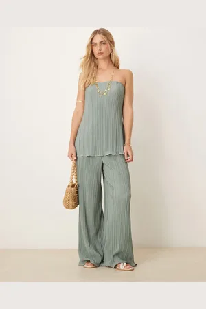 Y.A.S Plisse wide leg pants with rolled hem detail in soft green (part of a set)