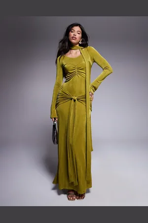 DASKA Ruched maxi dress with waist and neck tie detail in