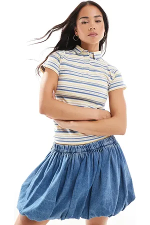 Daisy Street Fitted polo top in yellow blue stripe