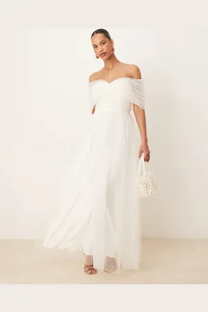 Lace & Beads Bow off shoulder tulle maxi dress in -White