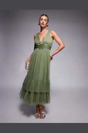 Lace & Beads Bow waist tiered tulle midaxi dress in -Green