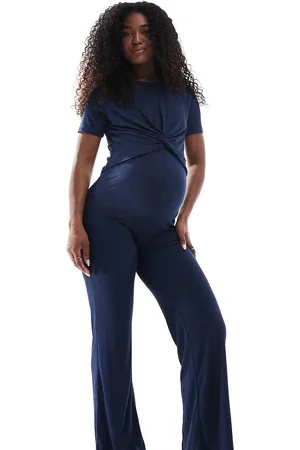 Mama;licious Mamalicious Maternity over the bump ribbed jersey wide leg pants in navy (part of a set)
