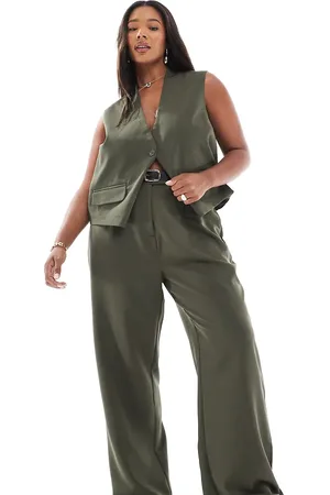 Pieces® Pieces Curve tailored multiway button leg pants in (part of a set)-Green