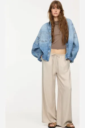 Pull&Bear Wide leg satin trackies in -Neutral