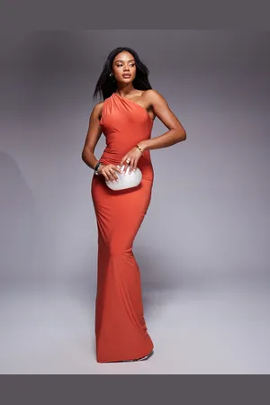 Fashionkilla Double sculpted slinky one-shoulder open back metal shell detail maxi dress in