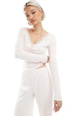 Miss Selfridge Lace trim pointelle long sleeve top in (part of a set)