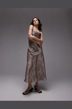 & OTHER STORIES Sleeveless satin midaxi dress with drape detail and thigh split in abstract animal print-Brown