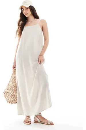 Pieces® Linen touch cami maxi dress in cream-White