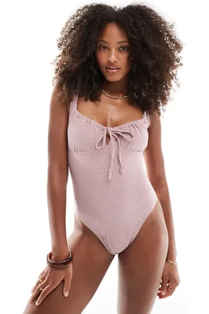 Miss Selfridge Broderie texture swimsuit with tie front in -Brown