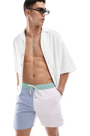 Ralph Lauren Traveler icon logo seersucker colourblock stripe swim shorts classic fit in