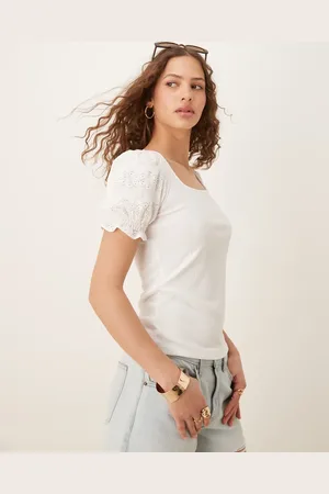 VILA Square neck textured puff sleeve top in white