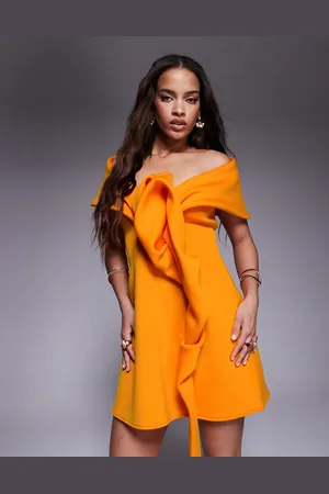 ASOS Just-off-shoulder scuba mini dress with manipulated front detailing and a-line skirt in