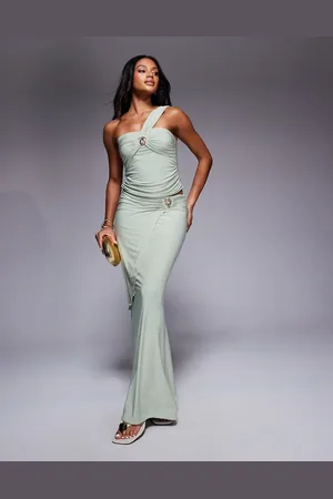 Fashionkilla Double sculpted slinky wrap drape metal shell detail maxi skirt in (Part of a set)-Green