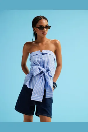 Monki Strapless shirt bandeau top with tie front detail in pinstripe