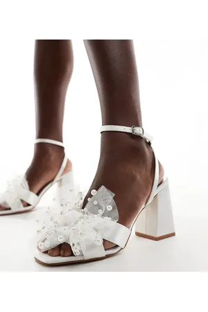 Be Mine Bridal Issa tulle pearl bow block heel sandals in ivory-White
