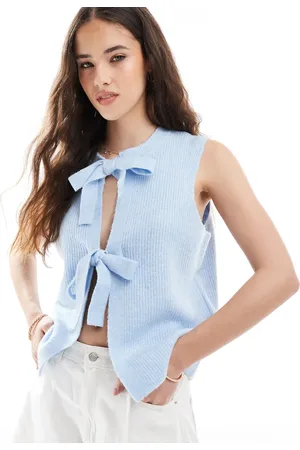 Pieces® Tie front knitted top in light blue