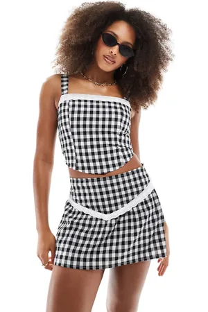 Daisy Street Gingham a-line mini skirt with broderie edge in black (part of a set)
