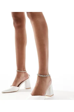Be Mine Bridal Nella embellished ankle strap block heeled shoes in ivory-White