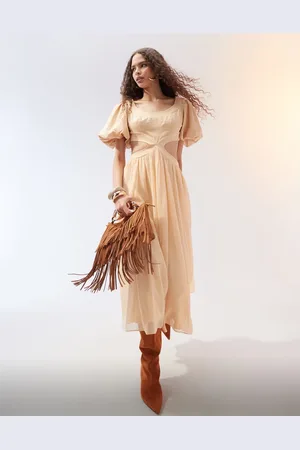 ASOS Twill & georgette mix blouson sleeve cut out midi dress in -Neutral
