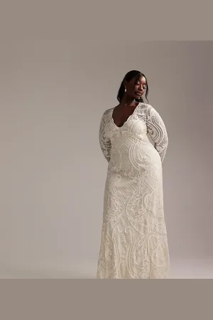 ASOS ASOS DESIGN Curve embroidered plunge long sleeve maxi wedding dress in -White