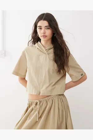 COLLUSION Hooded zip shirt in stone (part of a set)-Brown