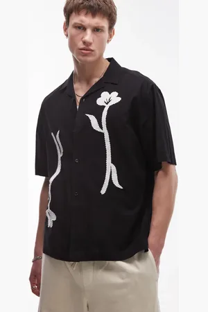 Topman Short sleeve floral embroidered shirt in green
